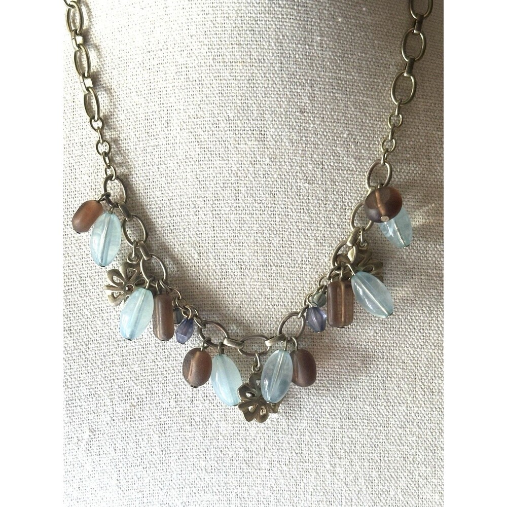 Boho Floral Charm Necklace Blue Brown Glass Bead Dangle Antique Brass Tone